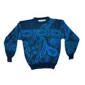 NWT Vintage 80s 90s American Crusader Knit Sweater Black Teal Pullover Medium Ac